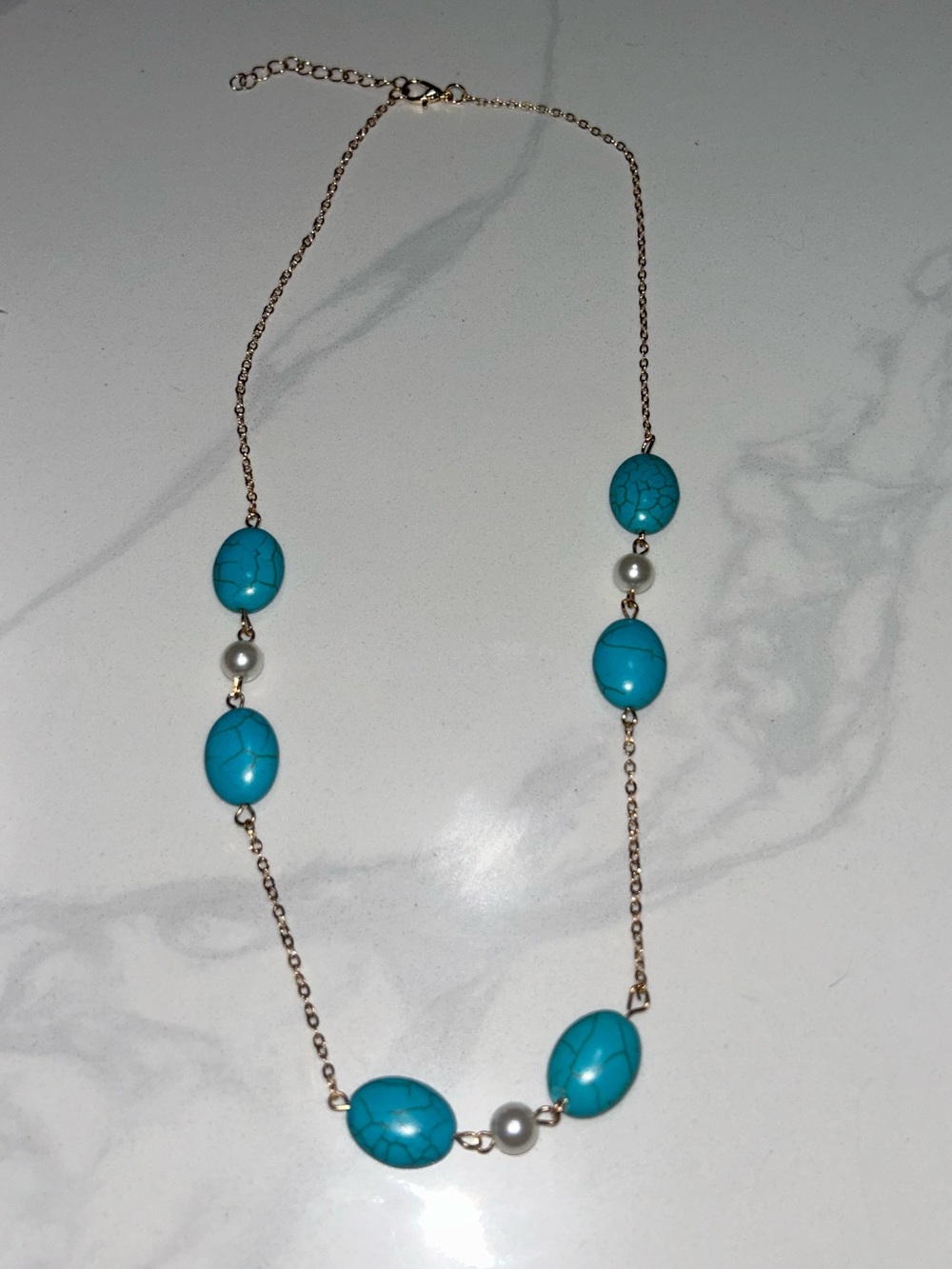 Gold Chain Necklace with Turquoise Beads and White Pearls